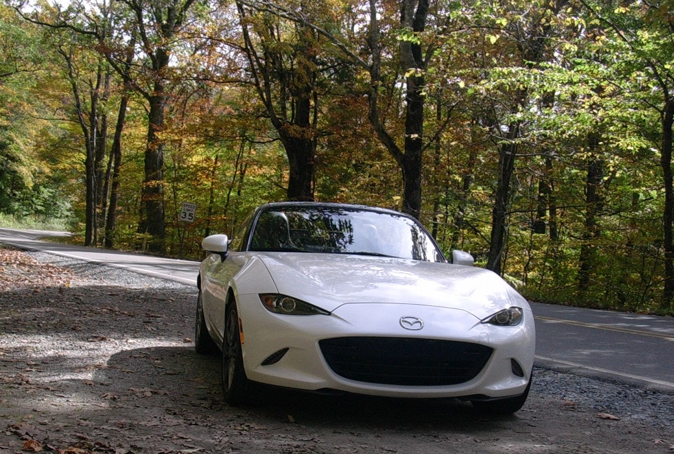 A picture of the Miata near Grandfather Mountain in fall