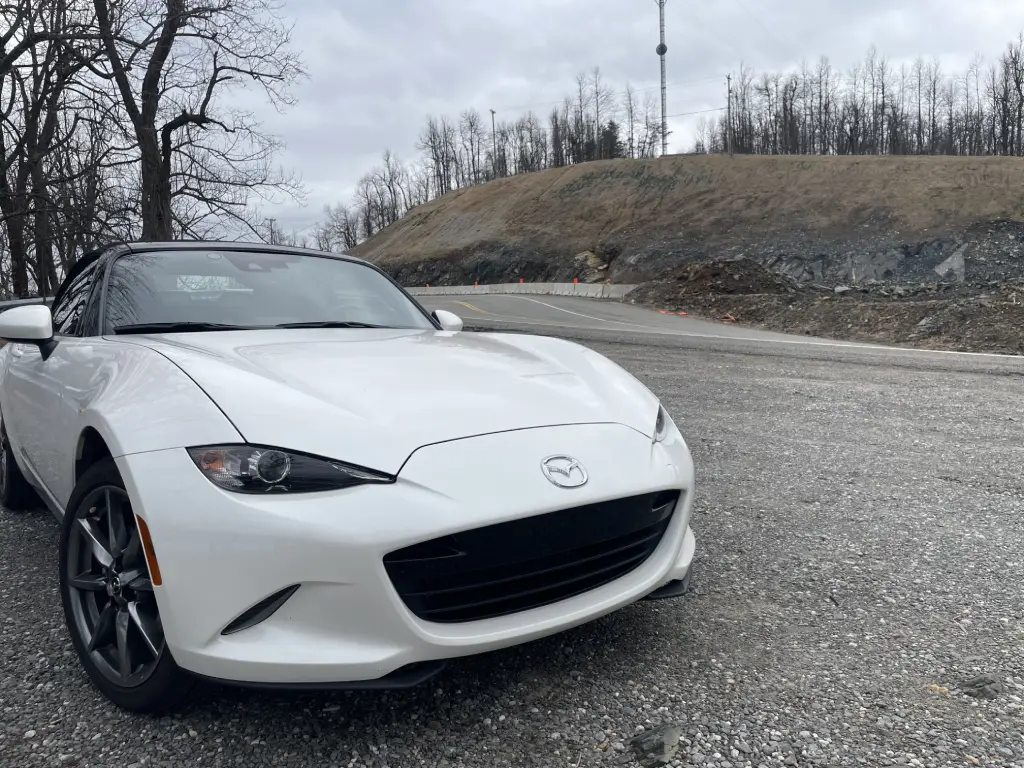 A picture of the Miata in the mountains in Virginia